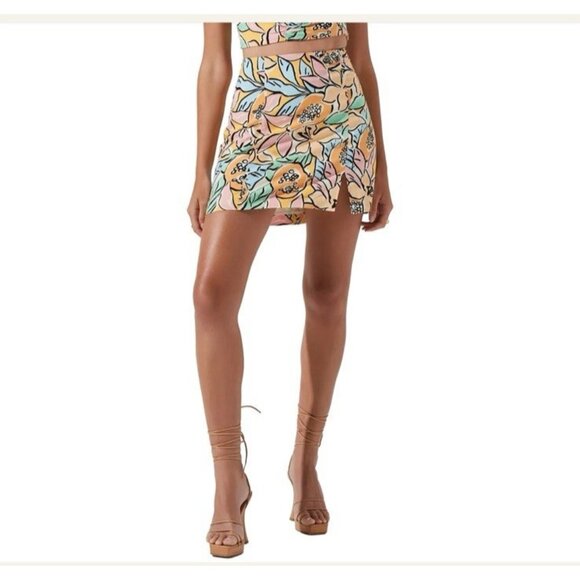 ASTR The Label Covina Tropical Print Skirt & Top Set M Medium Linen NEW